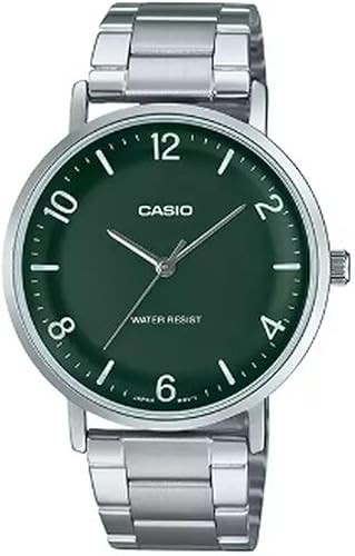Casio MTP-VT03D-3B Men's Minimalistic Stainless Steel Green Dial Concave-Shaped Dial 3-Hand Analog Watch