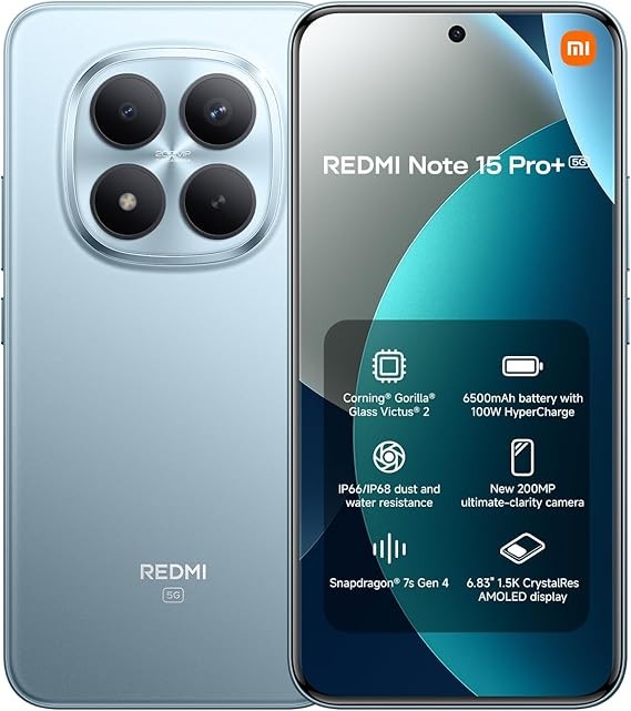 XIAOMI Redmi Note 15 Pro+ Plus 5G Ai (Compatible with Tmobile Mint Tello & Global) (512GB + 12GB) NFC 6.83" 120Hz 200MP Ultra Camera Model (Glacier Blue)